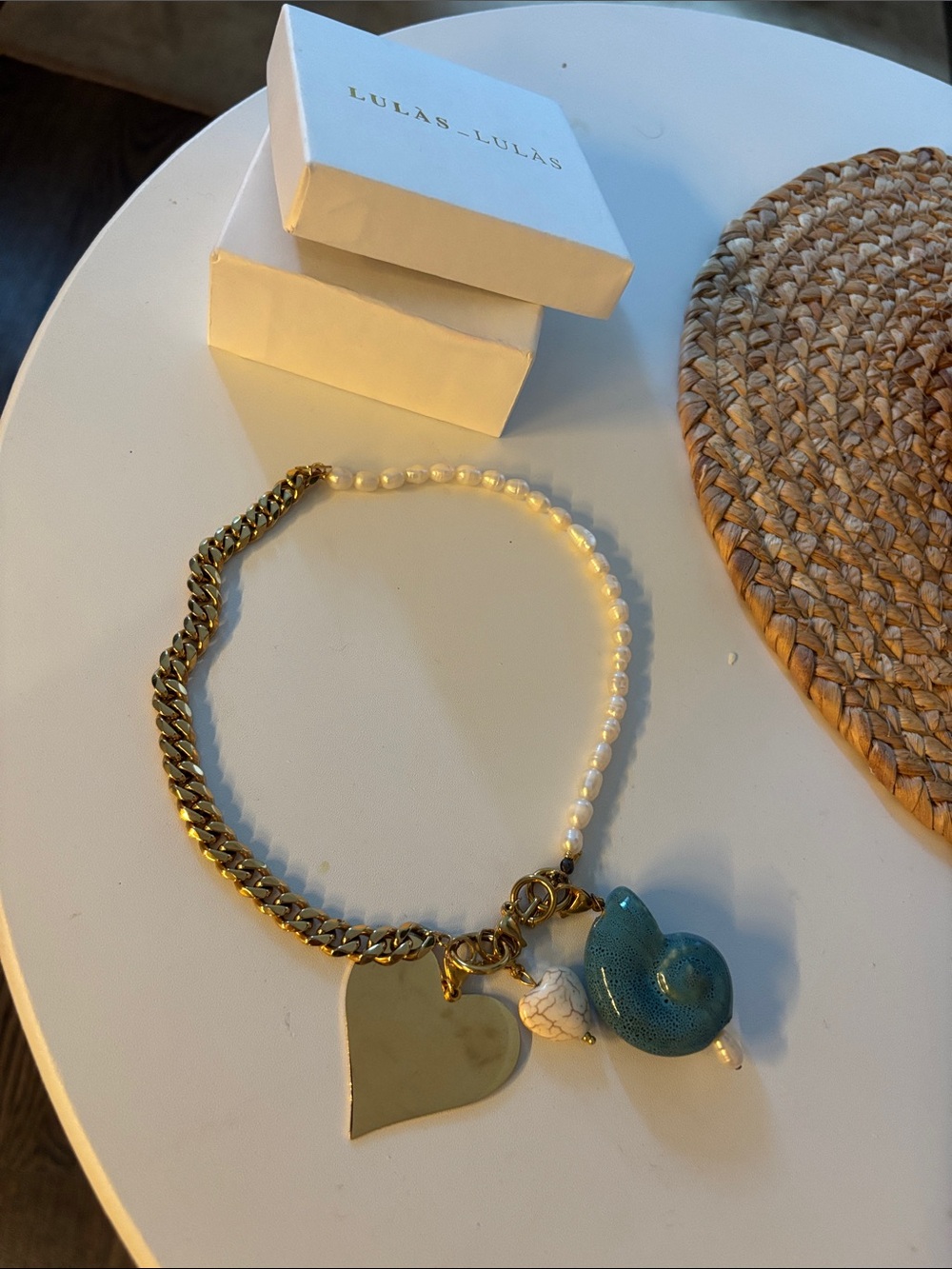 Lulas-Lulas Gold Chain & Pearl Necklace with Blue Heart Charm